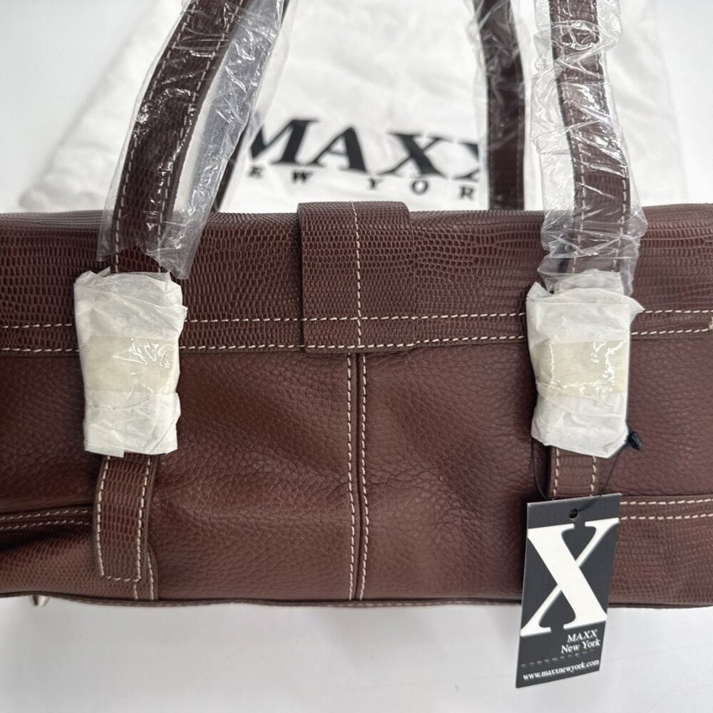 Maxx New York Handbag Brown Leather Lizard Embossed Shoulder Dust Bag Buckle NEW - Picture 2 of 15